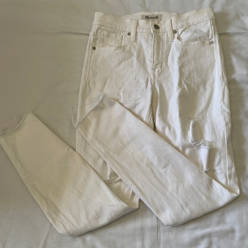Madewell 25 9” High Rise Skinny Crop Jeans ~ White High Waist Distressed Ankle
